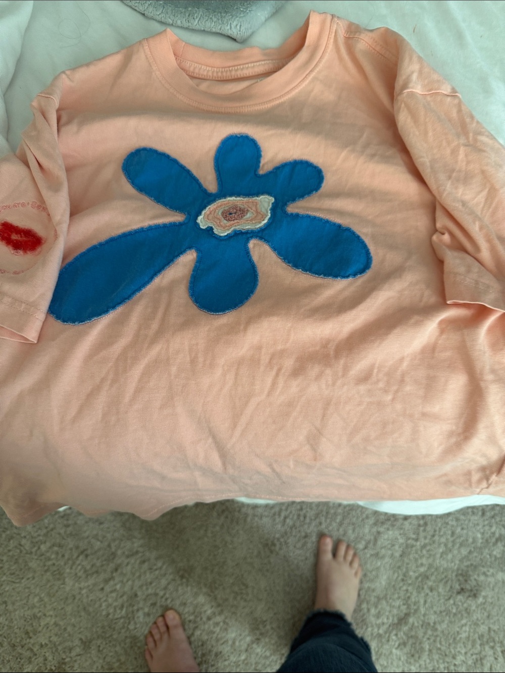 Nike Peach Long-Sleeve Tee with Large Blue Flower